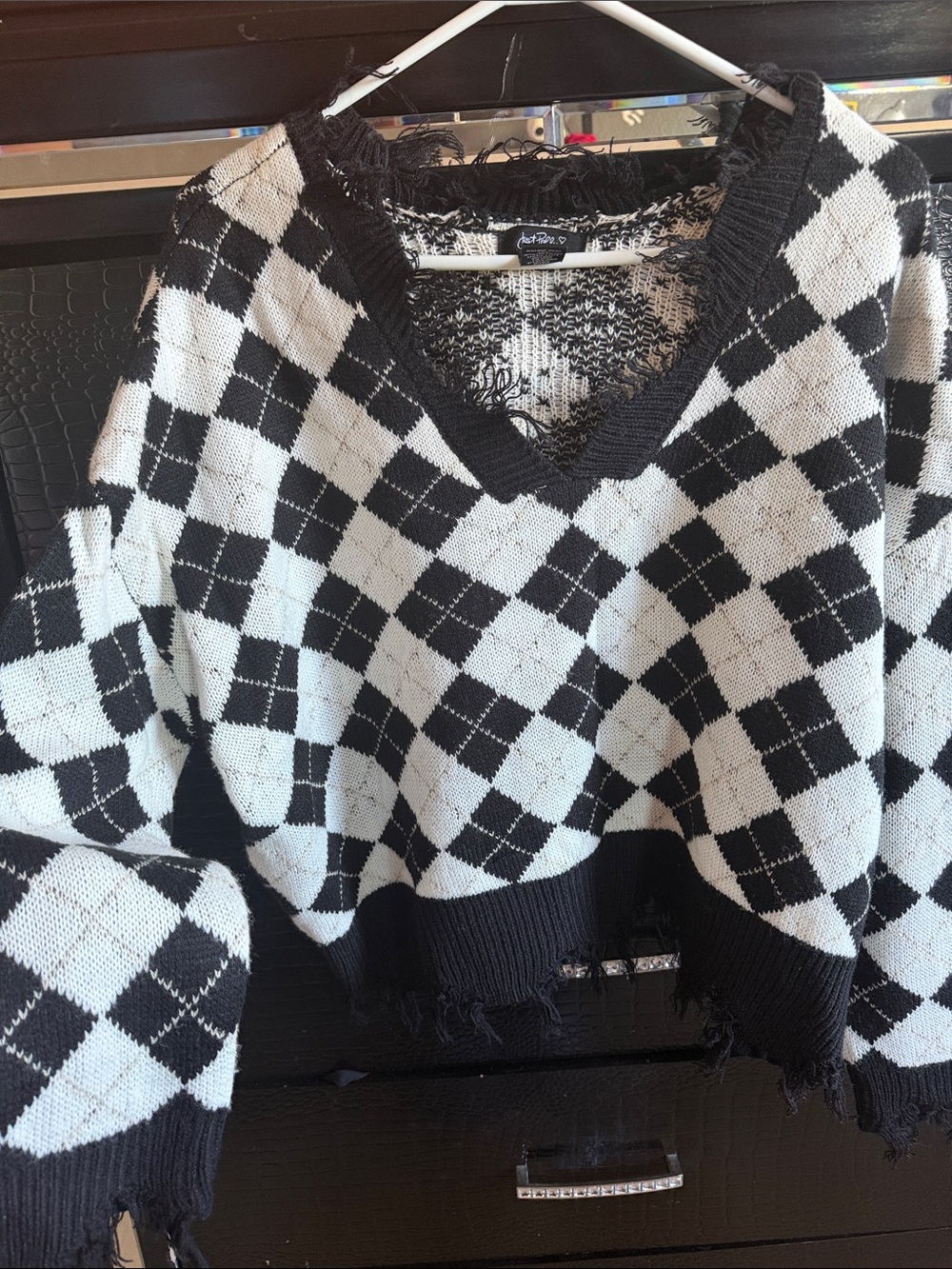 Black & White Argyle V-Neck Sweater